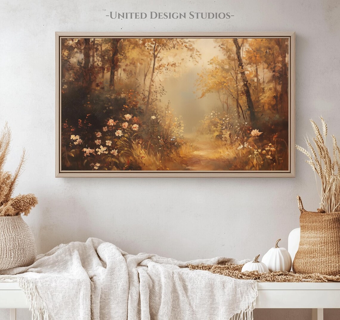 Golden Autumn Forest Painting Misty Woodland Wildflowers Wall Art - Image 5
