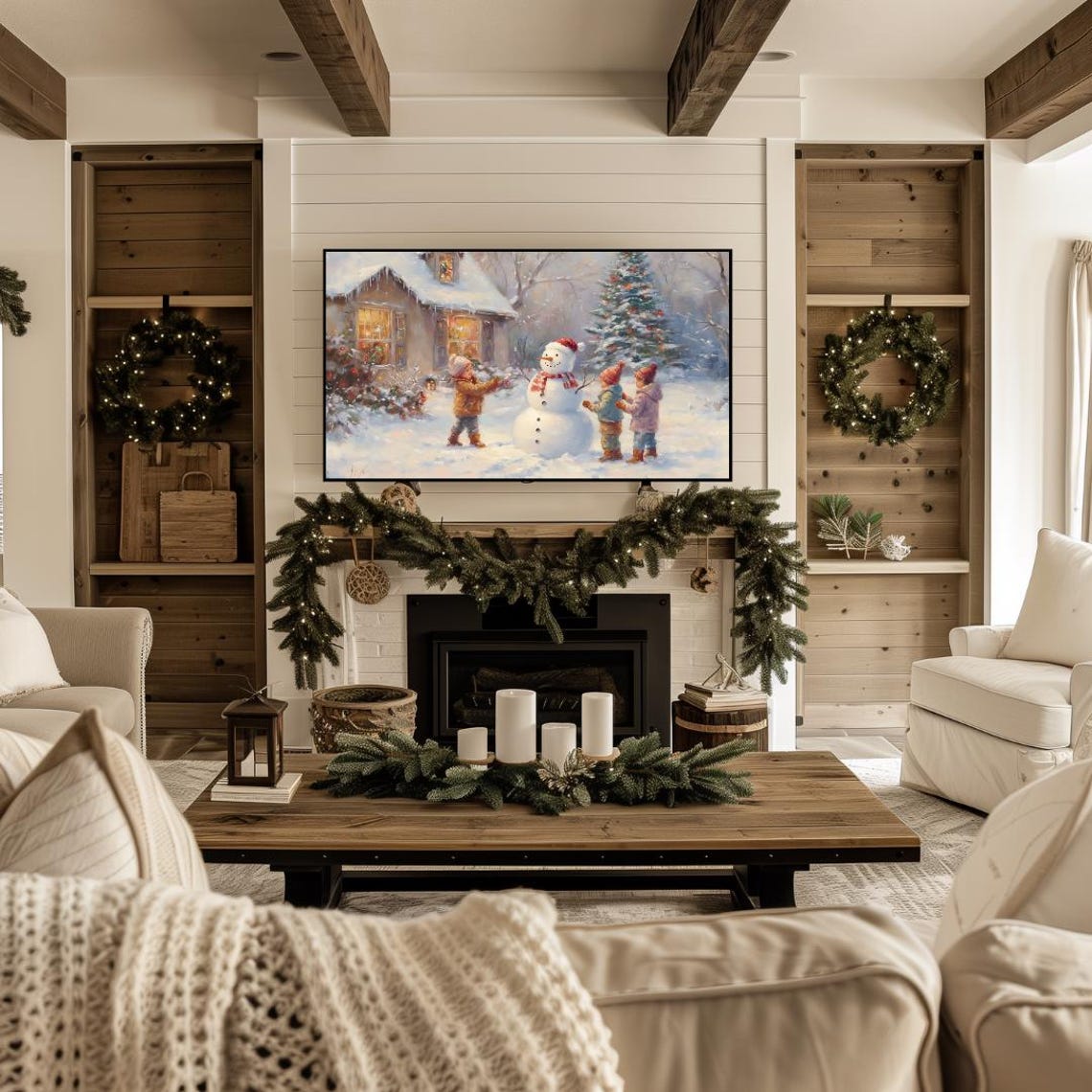 Kids Building Snowman Snowy Cottage Christmas Tree Winter Scene Poster - Image 4