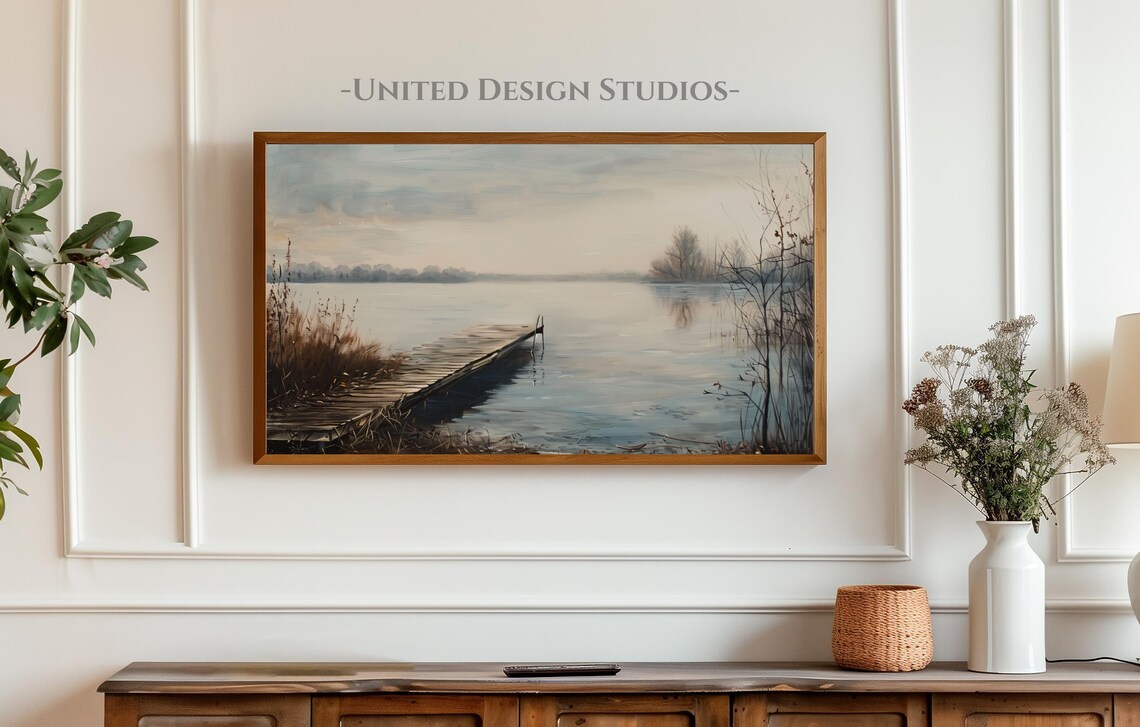Misty Lake Wooden Dock Calm Water Morning Landscape Art Poster - Image 4