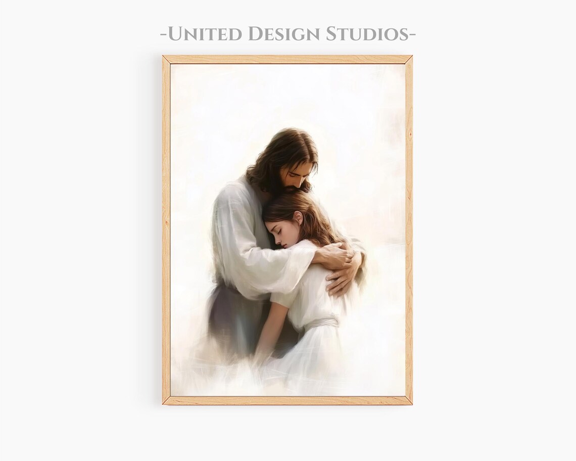 Jesus Hugging Crying Woman Comforting Embrace Soft White Light Faith Poster