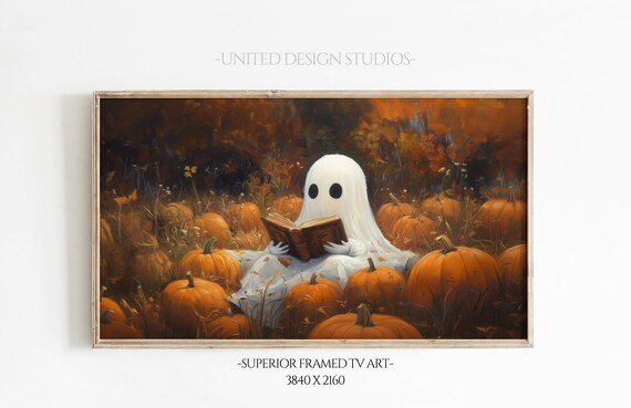 Cute Ghost Reading Book In Pumpkin Patch Halloween Fall Wall Art