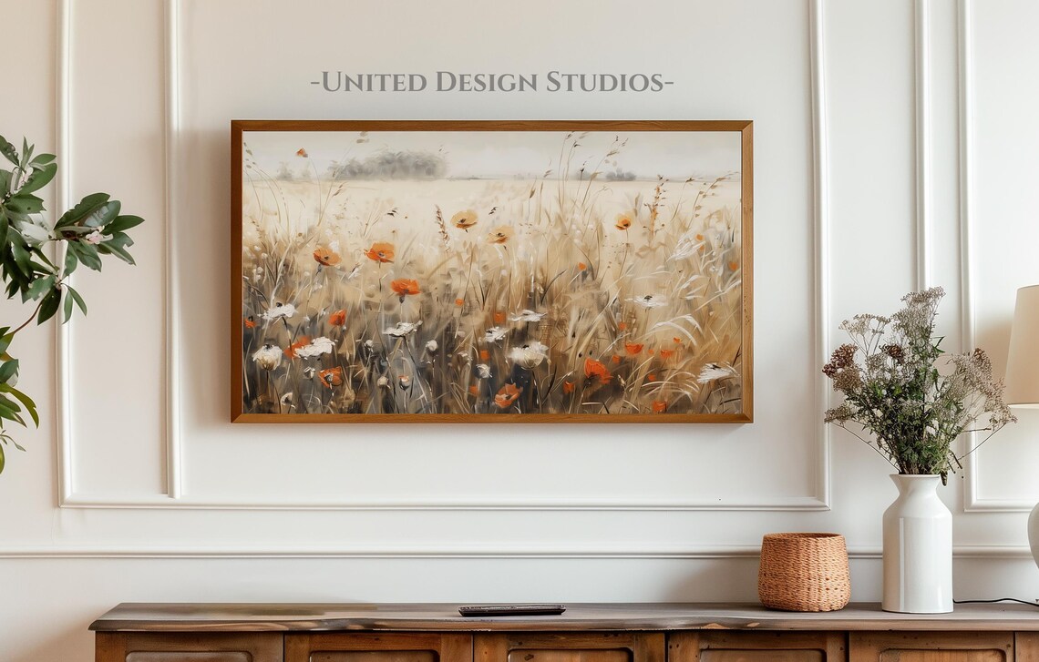 Orange Poppies Wildflower Field Beige Autumn Meadow Painting Poster - Image 4