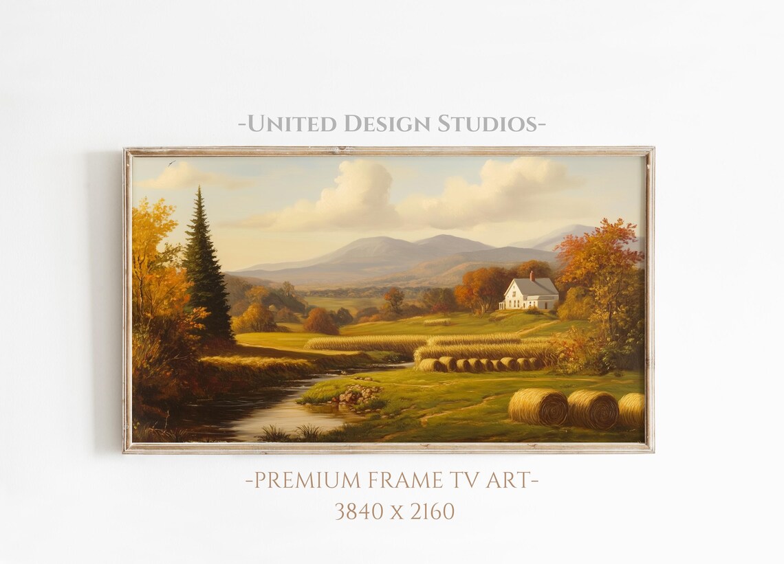 Fall Farm Hay Bales White Farmhouse Stream Autumn Valley Scene Poster