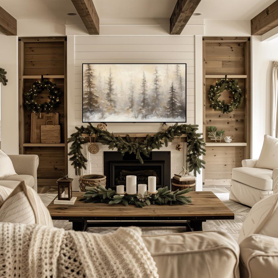 Winter Frame Tv Art Neutral Winter Landscape Painting Of Evergreen Trees For Frame Tv Holiday Frame Tv Art Farmhouse Winter Tv Art - Image 4