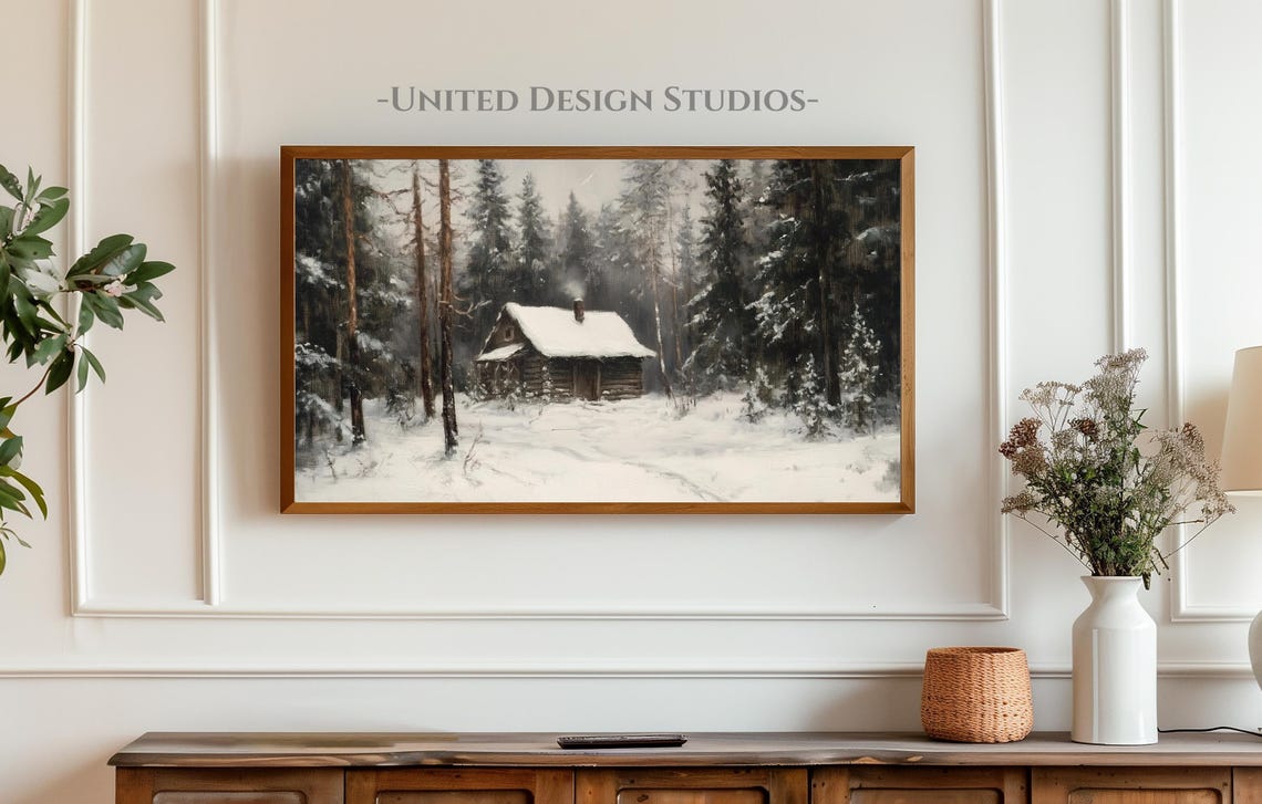 Frame Tv Winter Art Cabin Painting In Winter Snow Forest Frame Tv Art Farmhouse Cottagecore Winter Tv Art Frame Tv Art Christmas - Image 3
