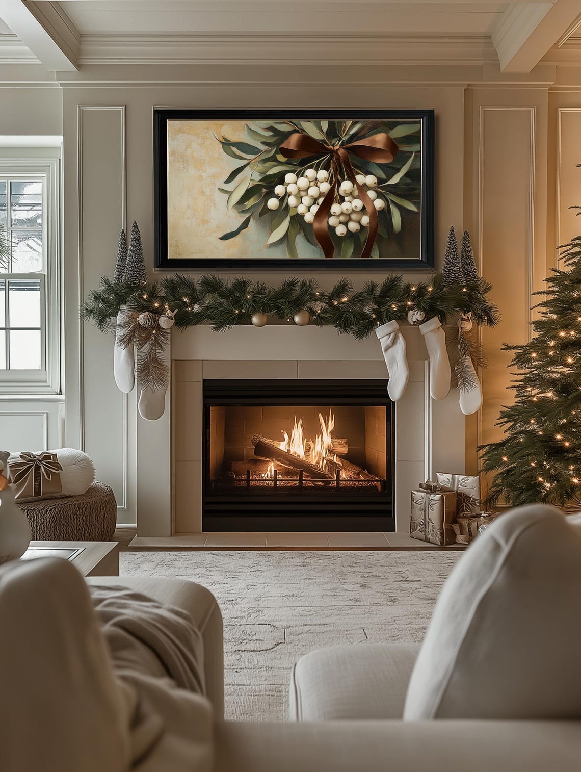 Christmas Mistletoe White Berries Brown Satin Bow Holiday Wall Art - Image 2