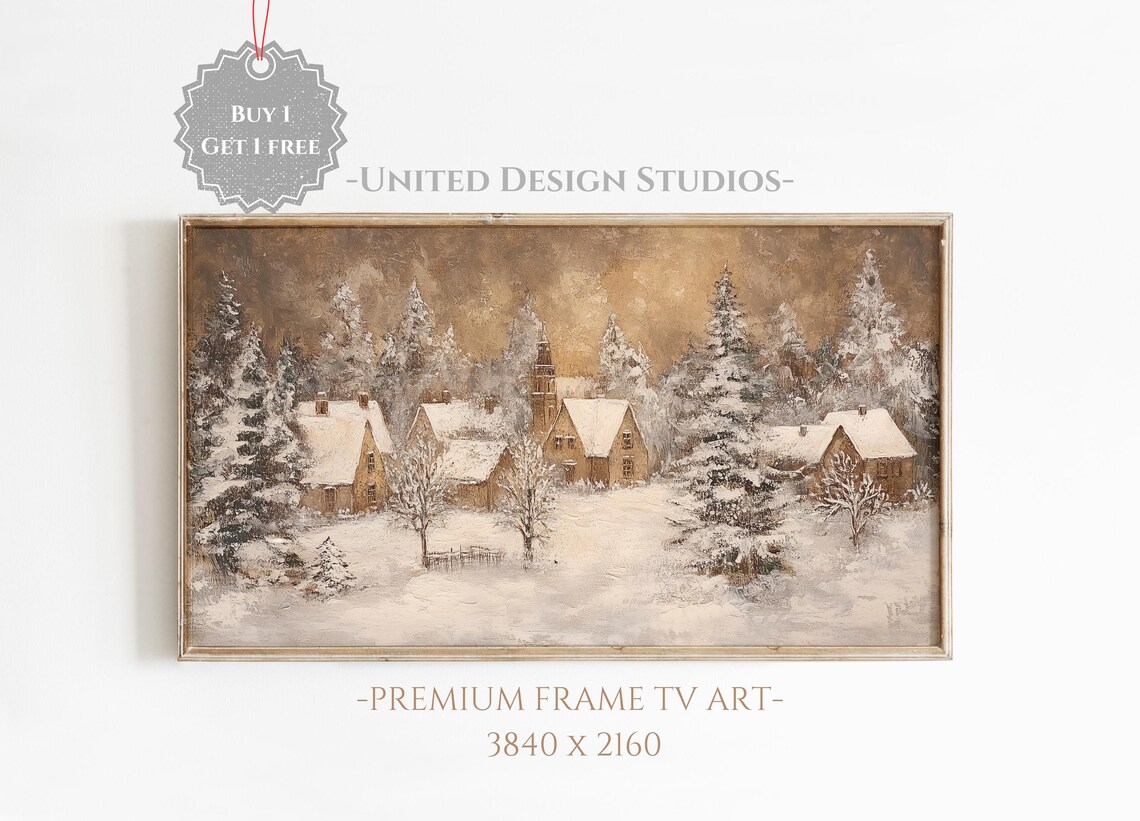 Moody Winter Village Church Snowfall Vintage Brown Christmas Poster