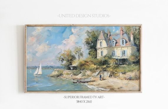 European Seaside Villa Sailboats Sandy Cove Blue Sky Impressionist Poster