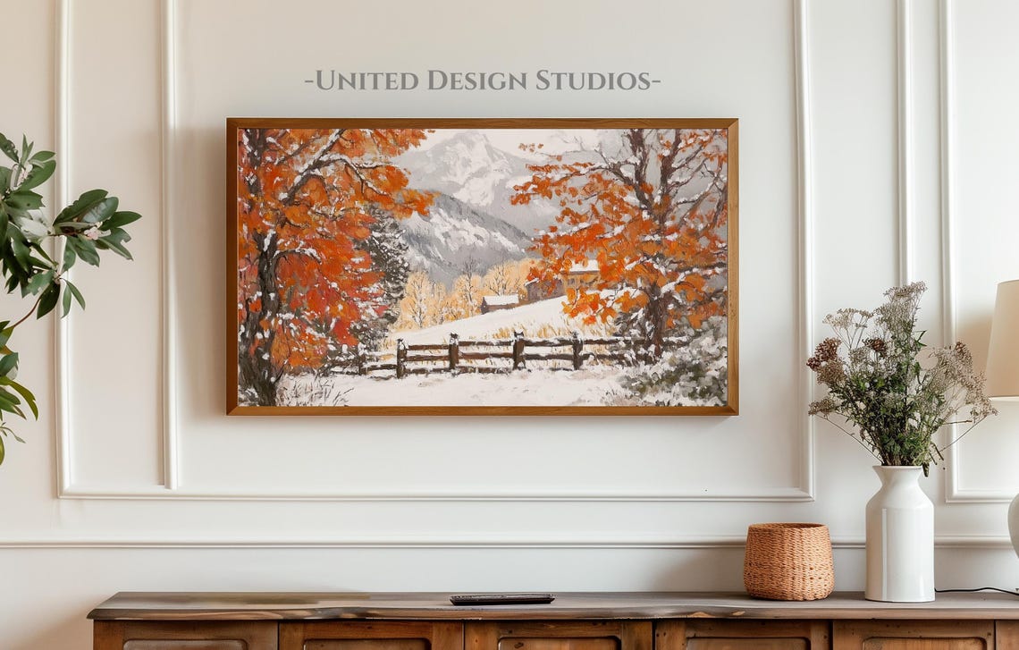 Snowy Mountains Orange Autumn Trees Wooden Fence Winter Scene Poster - Image 3