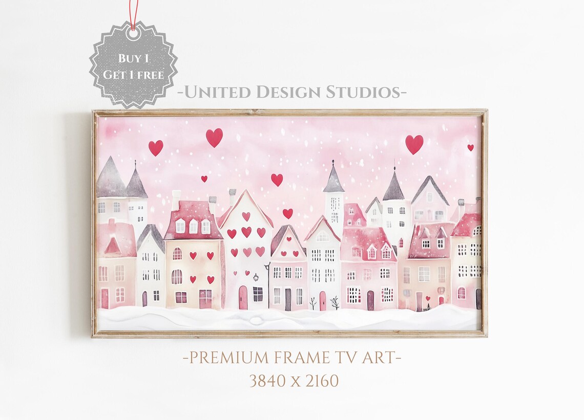 Pink Valentine Village Painting Hearts Romantic Watercolor Wall Art