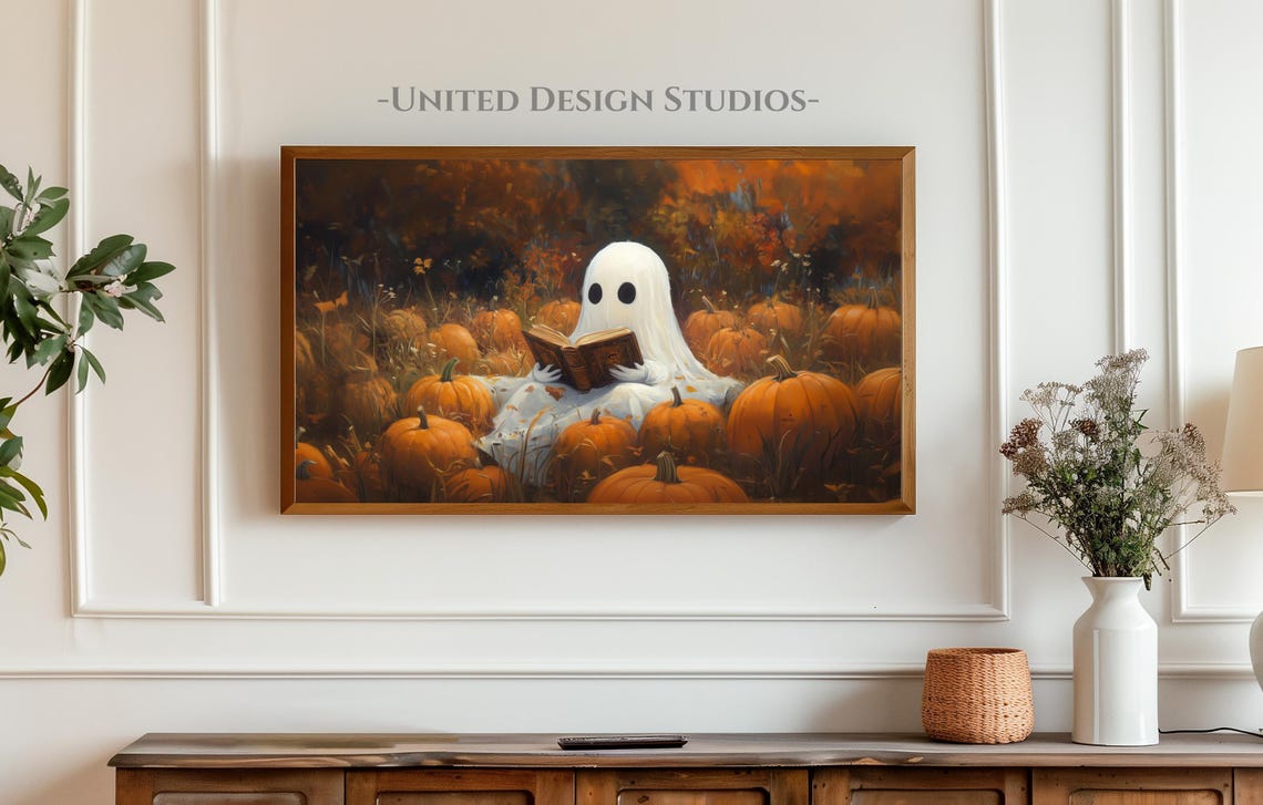 Cute Ghost Reading Book In Pumpkin Patch Halloween Fall Wall Art - Image 4