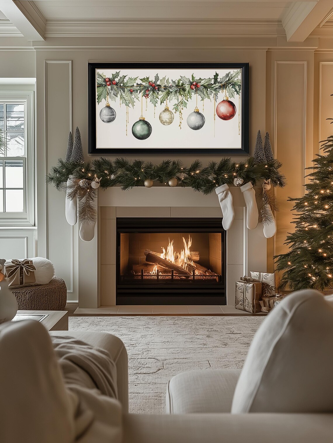 Christmas Holly Garland Hanging Ornaments Watercolor Holiday Poster - Image 2