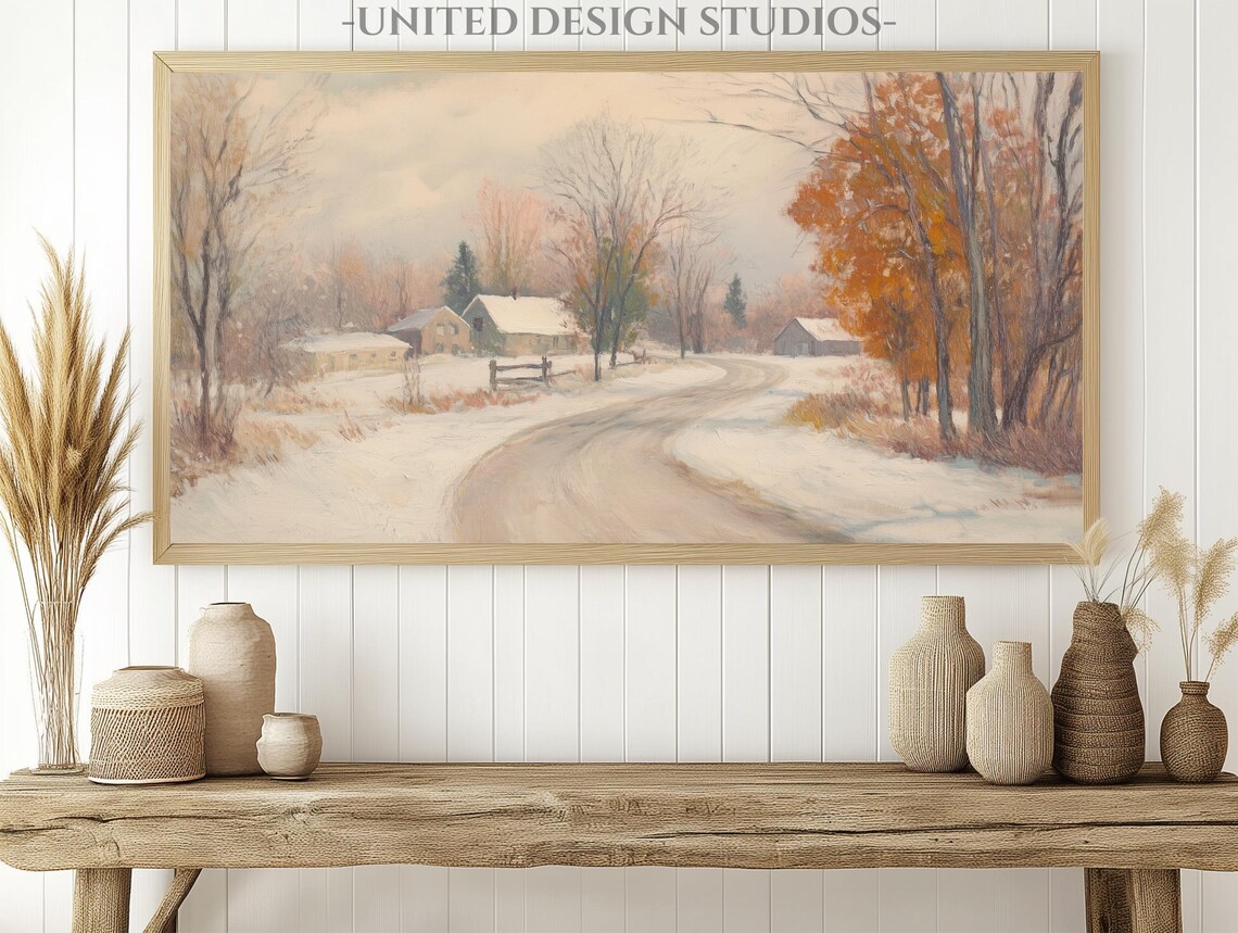 Snowy Farm Road Winter Farmhouse Autumn Trees Painting Poster - Image 2