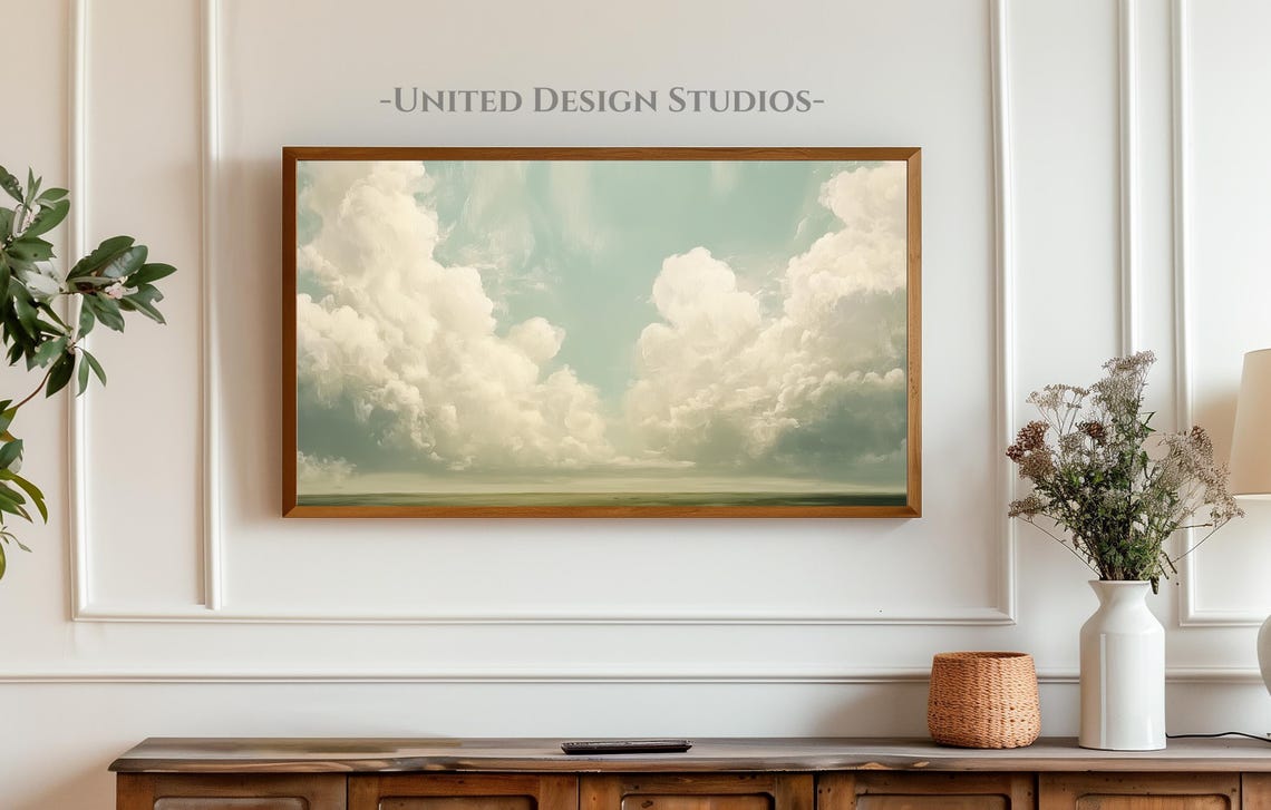 White Clouds Blue Sky Abstract Spring Landscape Painting Wall Art - Image 4