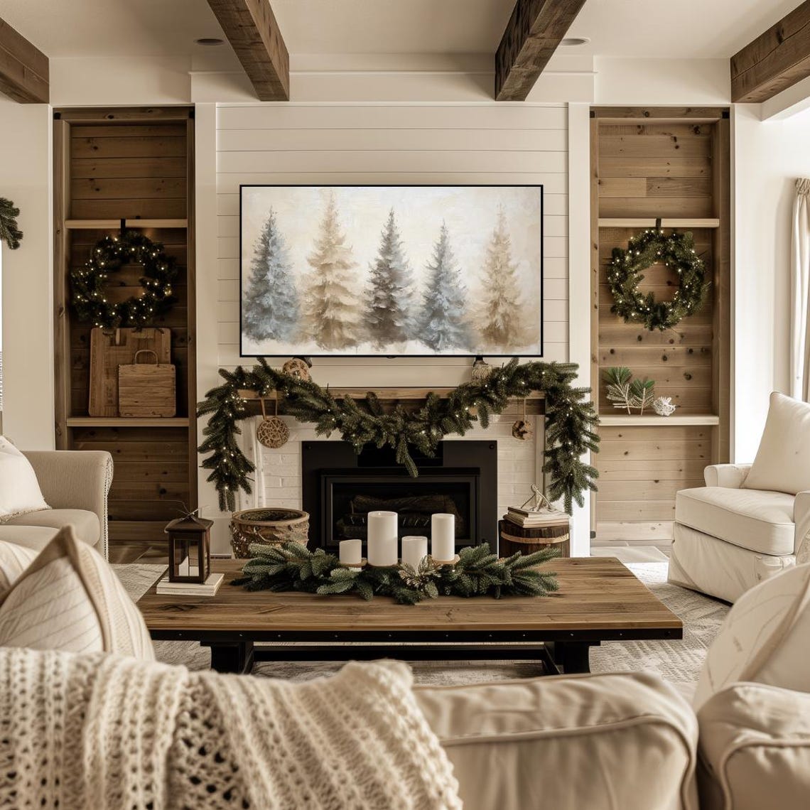 Muted Neutral Snowy Christmas Trees Winter Farmhouse Art Poster - Image 4
