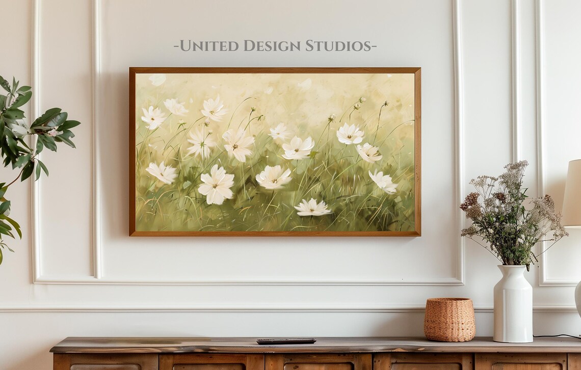 White Cosmos Flowers Soft Yellow Oil Painting Floral Art Poster - Image 4