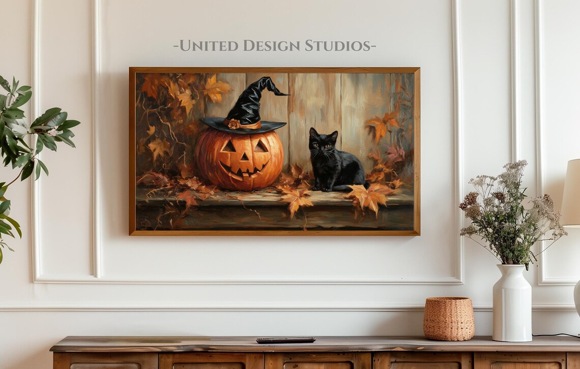 Halloween Pumpkin Witch Hat Black Cat Vintage Painting Art Print - Image 3