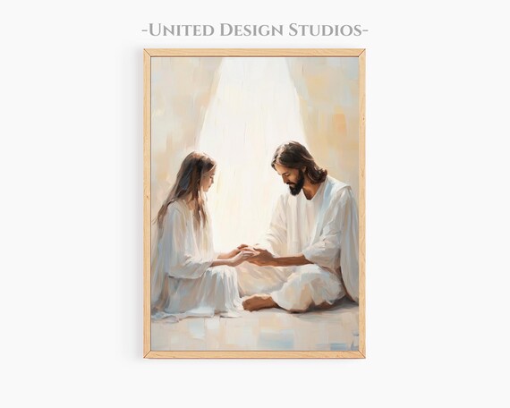 Jesus And Woman Praying Together White Robes Soft Golden Light Faith Poster