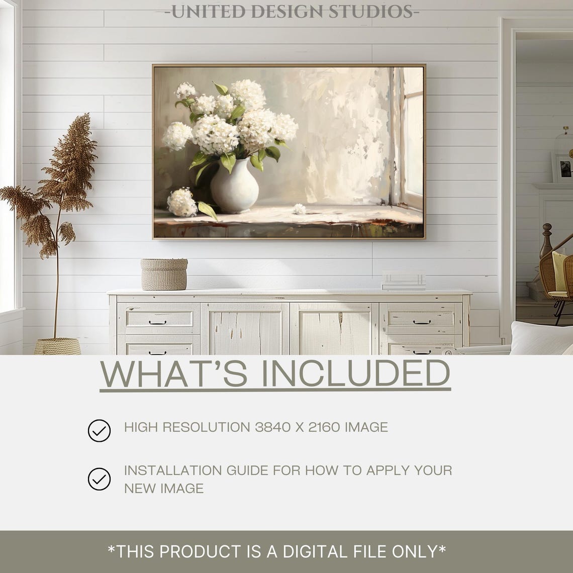 White Hydrangeas Vase Window Light Rustic Floral Still Life Poster - Image 2