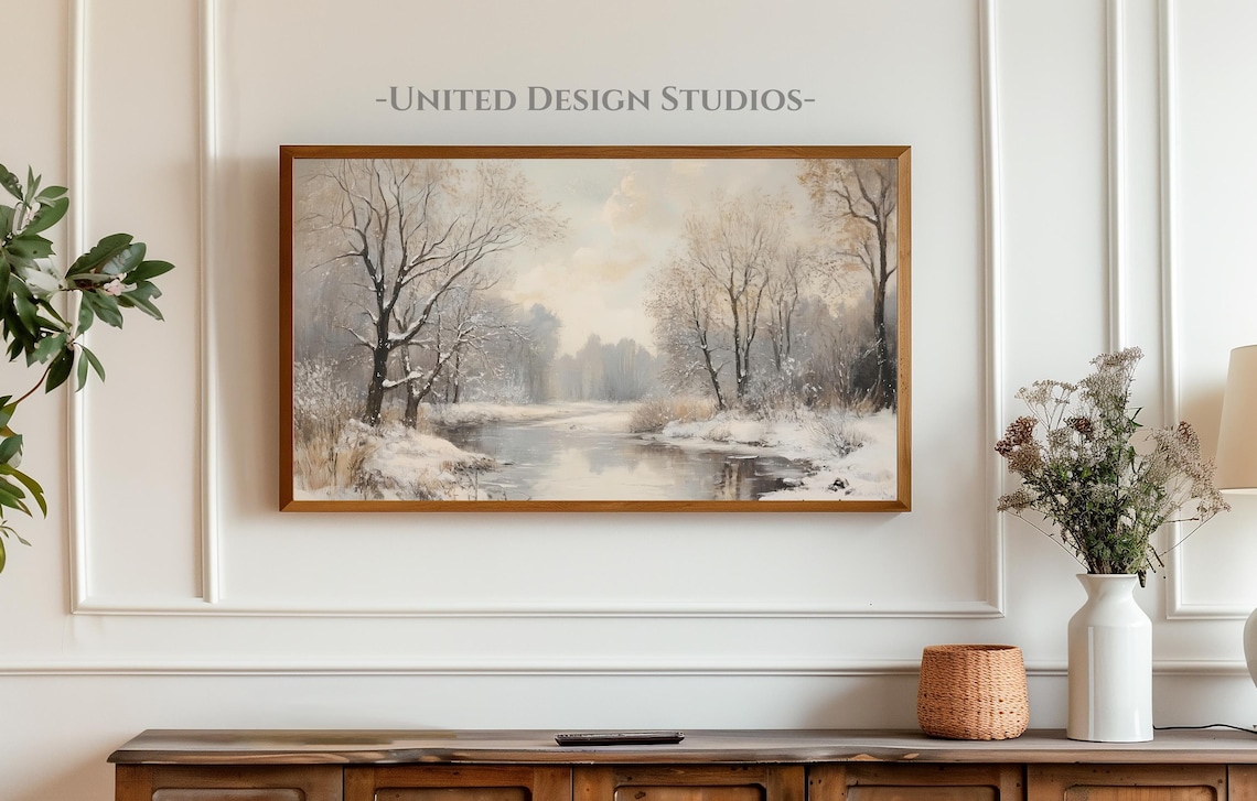 Winter Forest Stream Painting, Neutral Farmhouse Art Print - Image 3