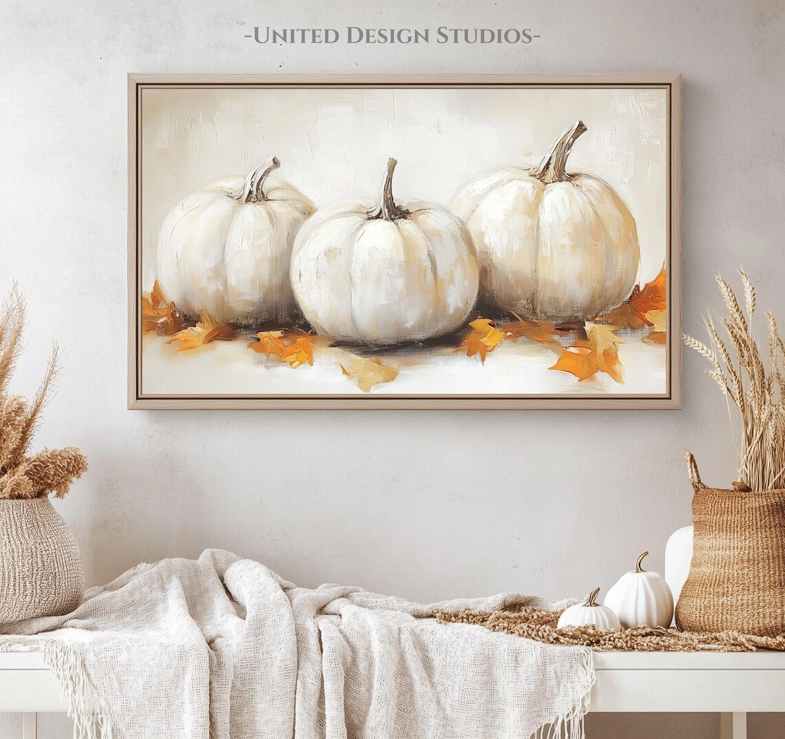 Three White Pumpkins Orange Leaves Rustic Neutral Fall Frame TV Art Poster - Image 4