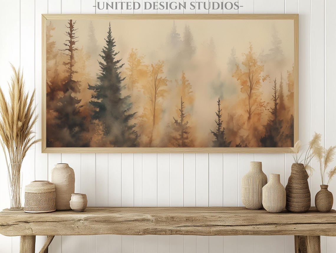 Misty Fall Forest Amber Watercolor Autumn Trees Painting Poster - Image 2