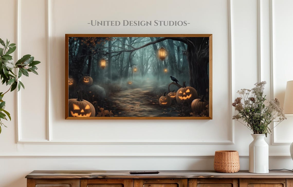 Haunted Forest Path Jack O Lanterns Halloween Night Wall Art - Image 4