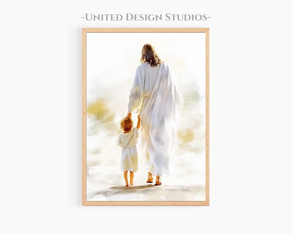 Jesus Holding Child Hand Bright Light Watercolor Christian Faith Art Print