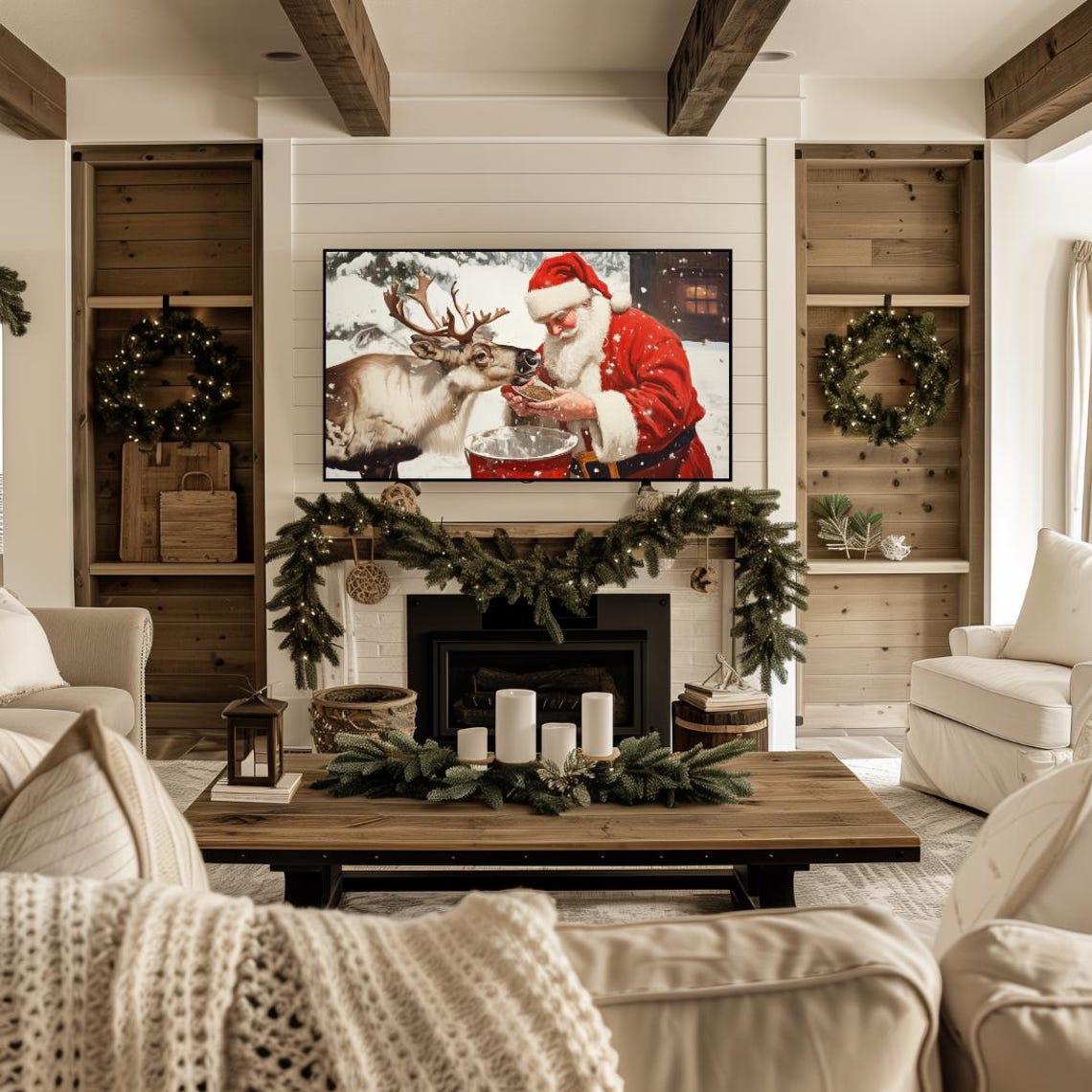 Christmas Frame Tv Art Classic Painting Of Santa Feeding Reindeer Frame Tv Art Santa Claus Tv Art Farmhouse Santa Frame Tv Art - Image 4