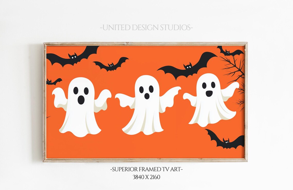 Three Cute White Ghosts Bats Bright Orange Kids Halloween Party Poster