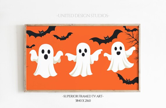 Three Cute White Ghosts Bats Bright Orange Kids Halloween Party Poster