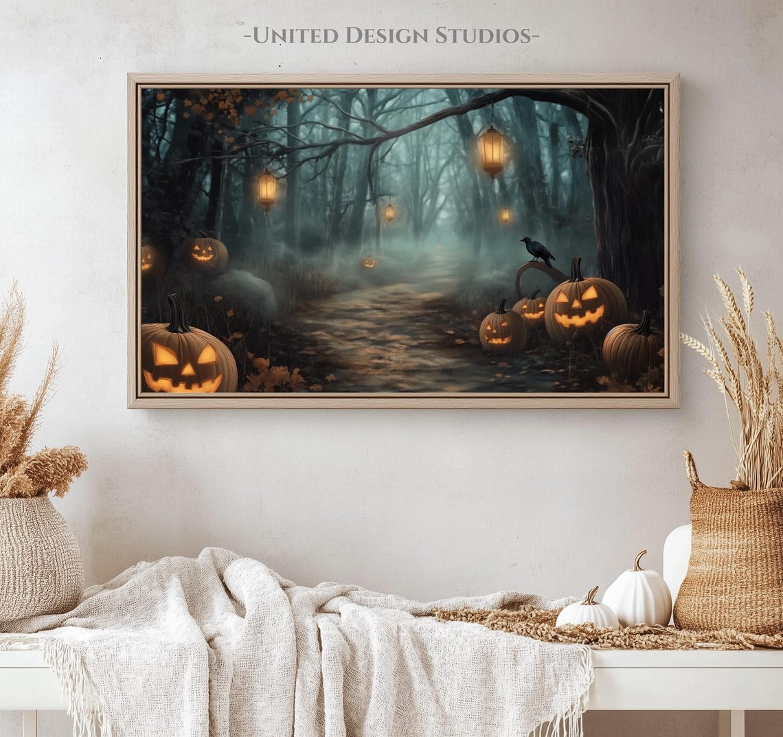 Haunted Forest Path Jack O Lanterns Halloween Night Wall Art - Image 5