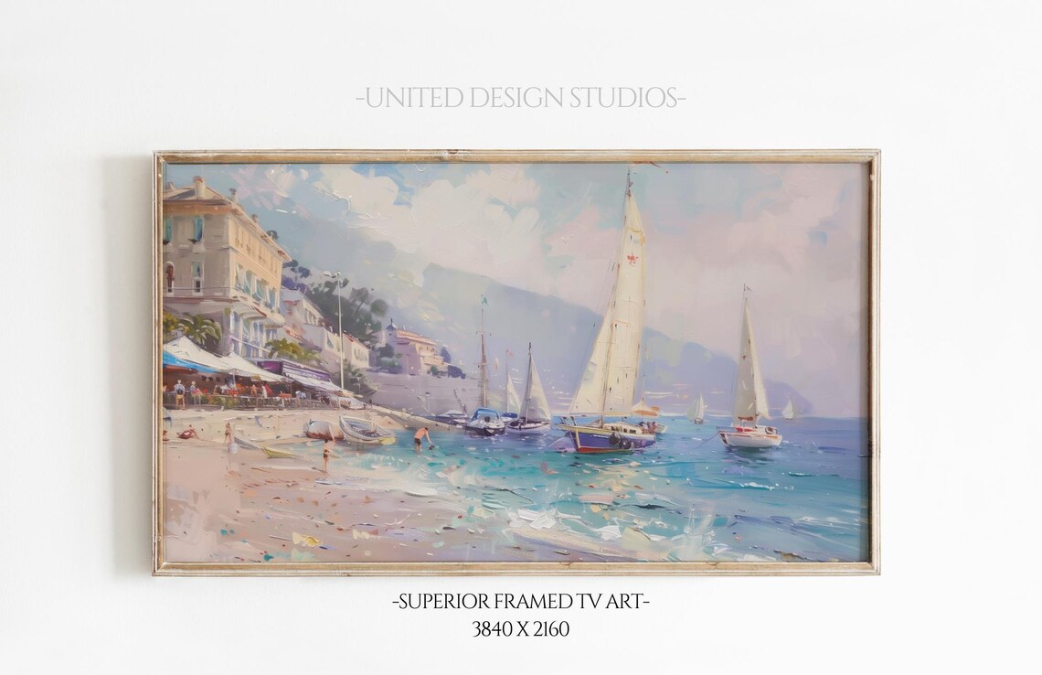 Mediterranean Coastal Town Sailboats Turquoise Water Beach Scene Poster