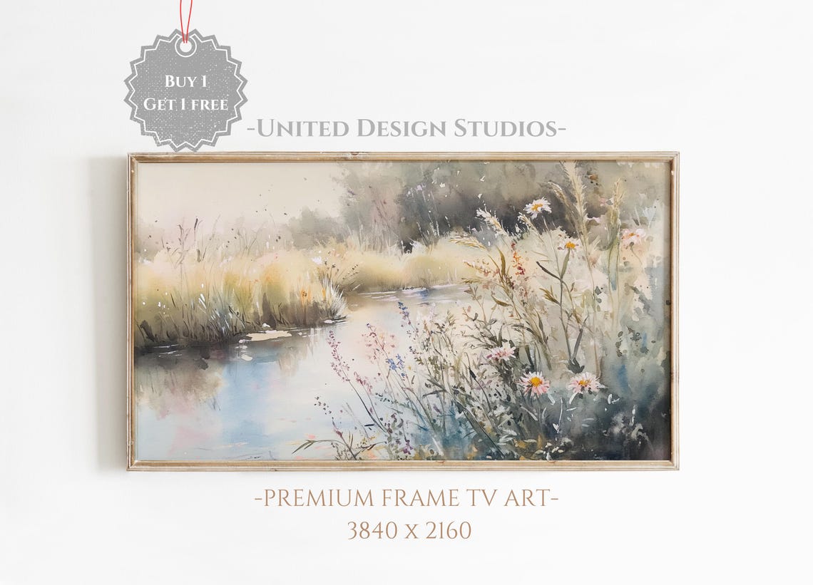 Wildflower River Summer Watercolor Meadow Landscape Wall Art