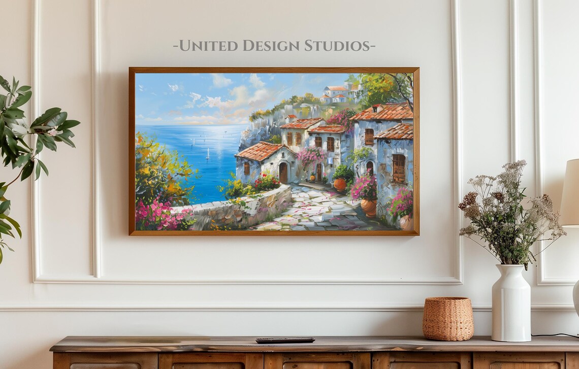 Mediterranean Coastal Village Painting Sea View Flowers Seaside Holiday Poster - Image 4