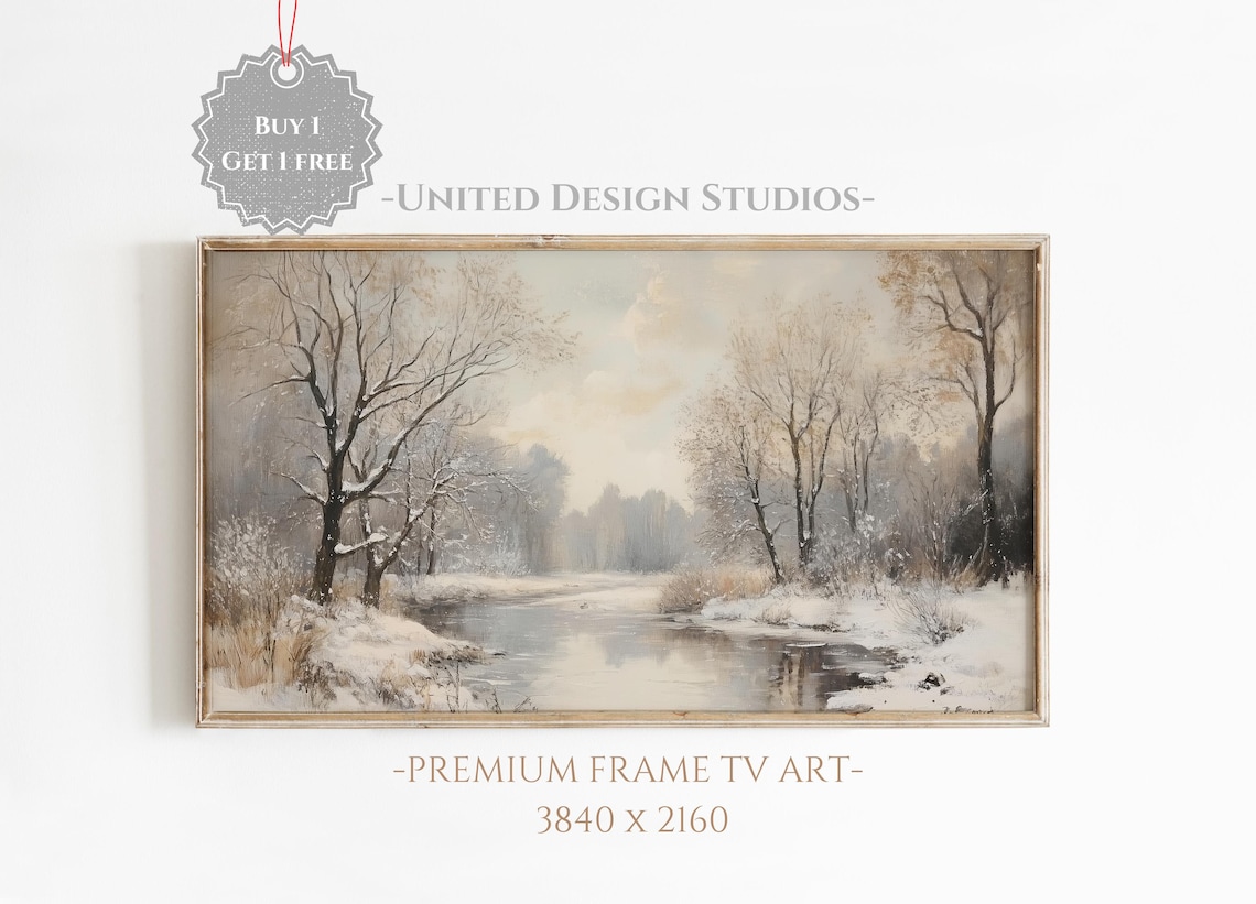 Winter Forest Stream Painting, Neutral Farmhouse Art Print