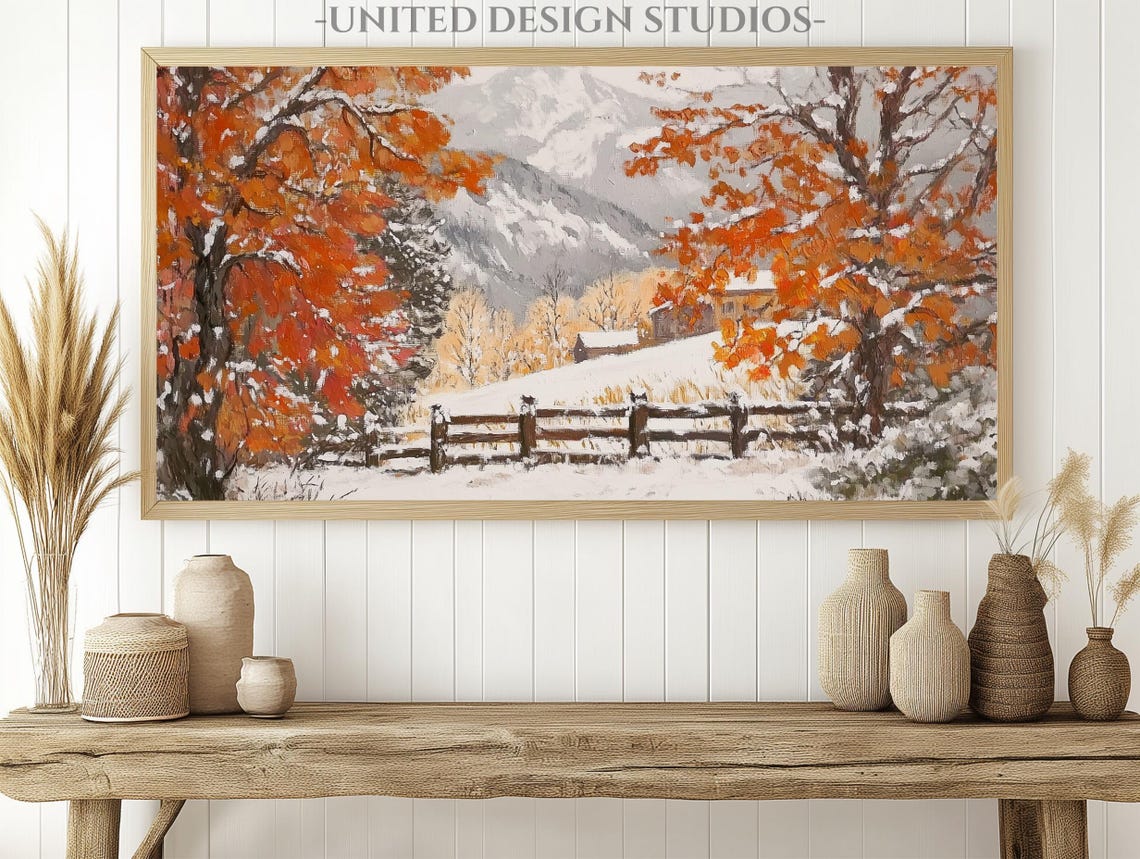 Snowy Mountains Orange Autumn Trees Wooden Fence Winter Scene Poster - Image 2
