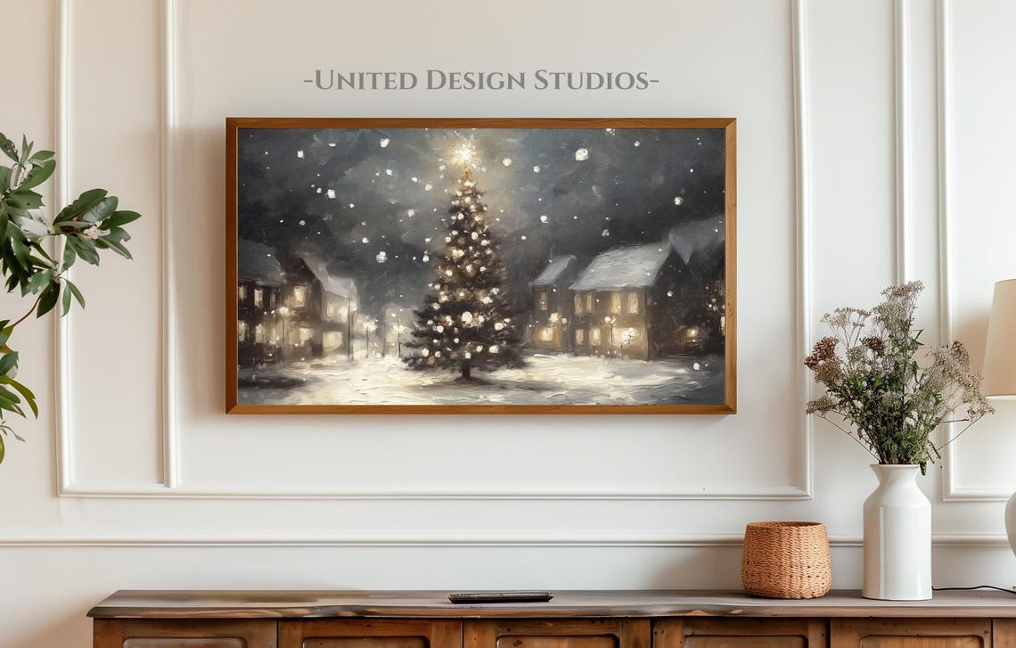 Snowy Christmas Village Night Lights Big Tree Winter Scene Poster - Image 3