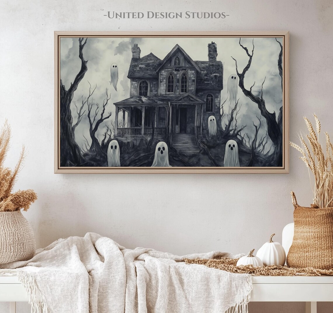 Spooky Haunted House Ghosts Black White Halloween Art Poster - Image 4