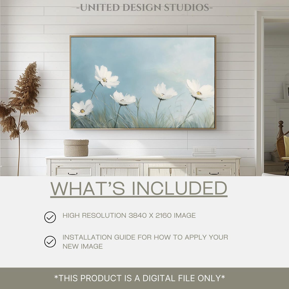 White Cosmos Wildflowers Soft Blue Sky Impressionist Floral Poster - Image 2
