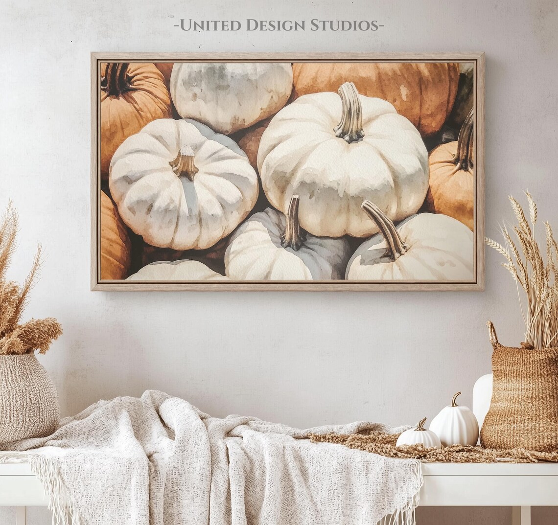 White Pumpkins Patch Watercolor Neutral Fall Harvest Frame TV Art Poster - Image 4