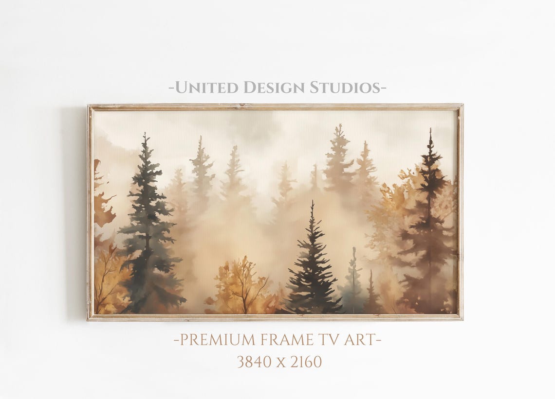 Misty Autumn Pine Forest Golden Fall Watercolor Landscape Poster