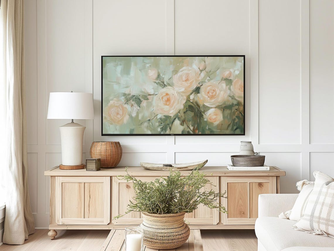 Cream And Blush Roses Oil Painting Sage Green Botanical Wall Art - Image 4