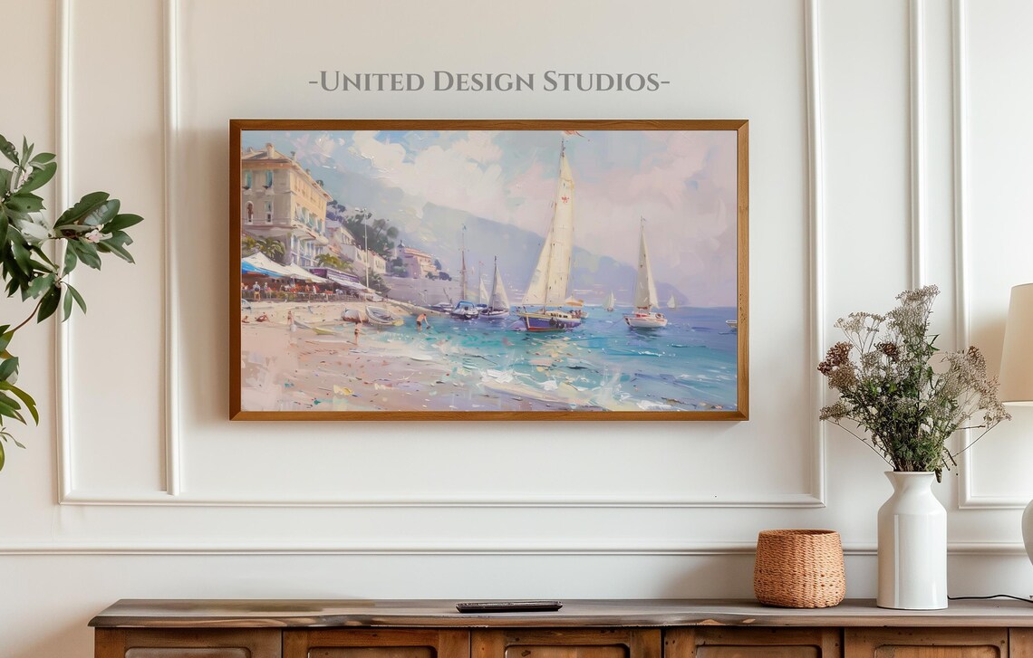 Mediterranean Coastal Town Sailboats Turquoise Water Beach Scene Poster - Image 4