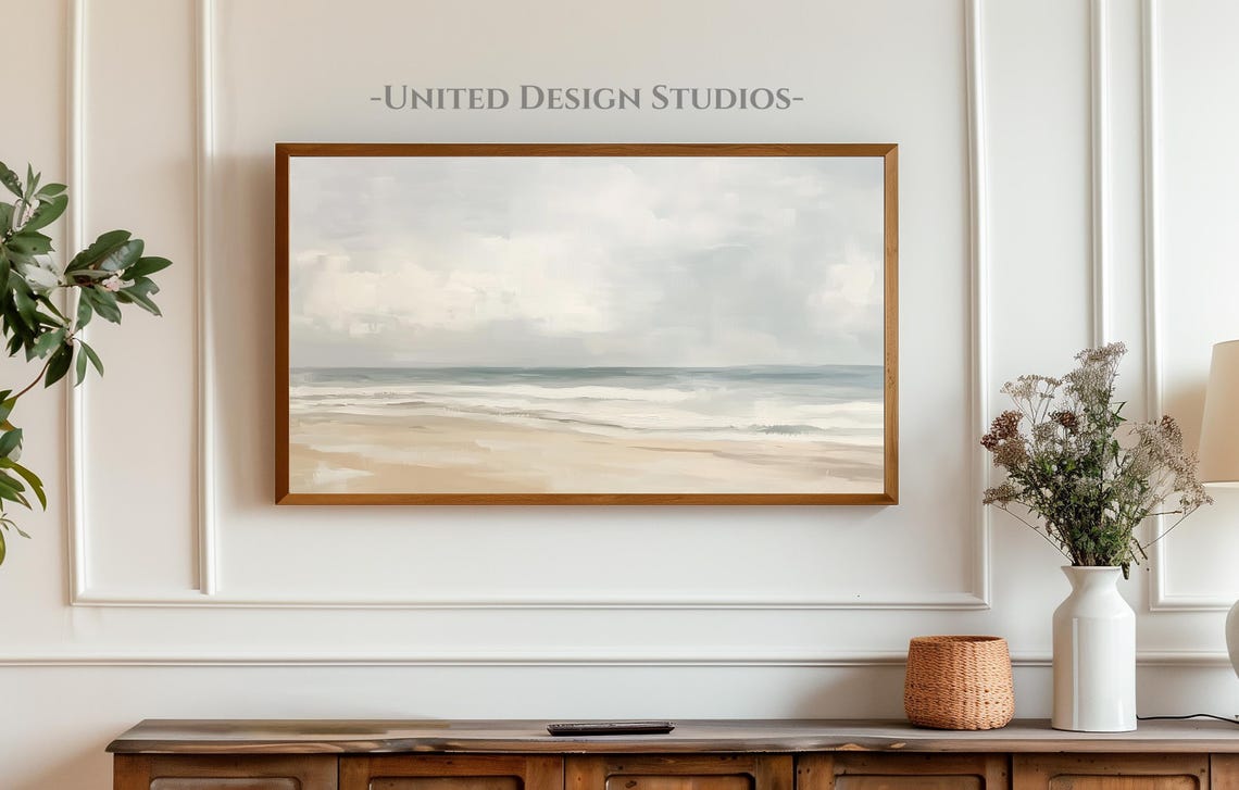 Serene Neutral Seascape Beach Painting Soft Ocean Waves Sky Poster - Image 4