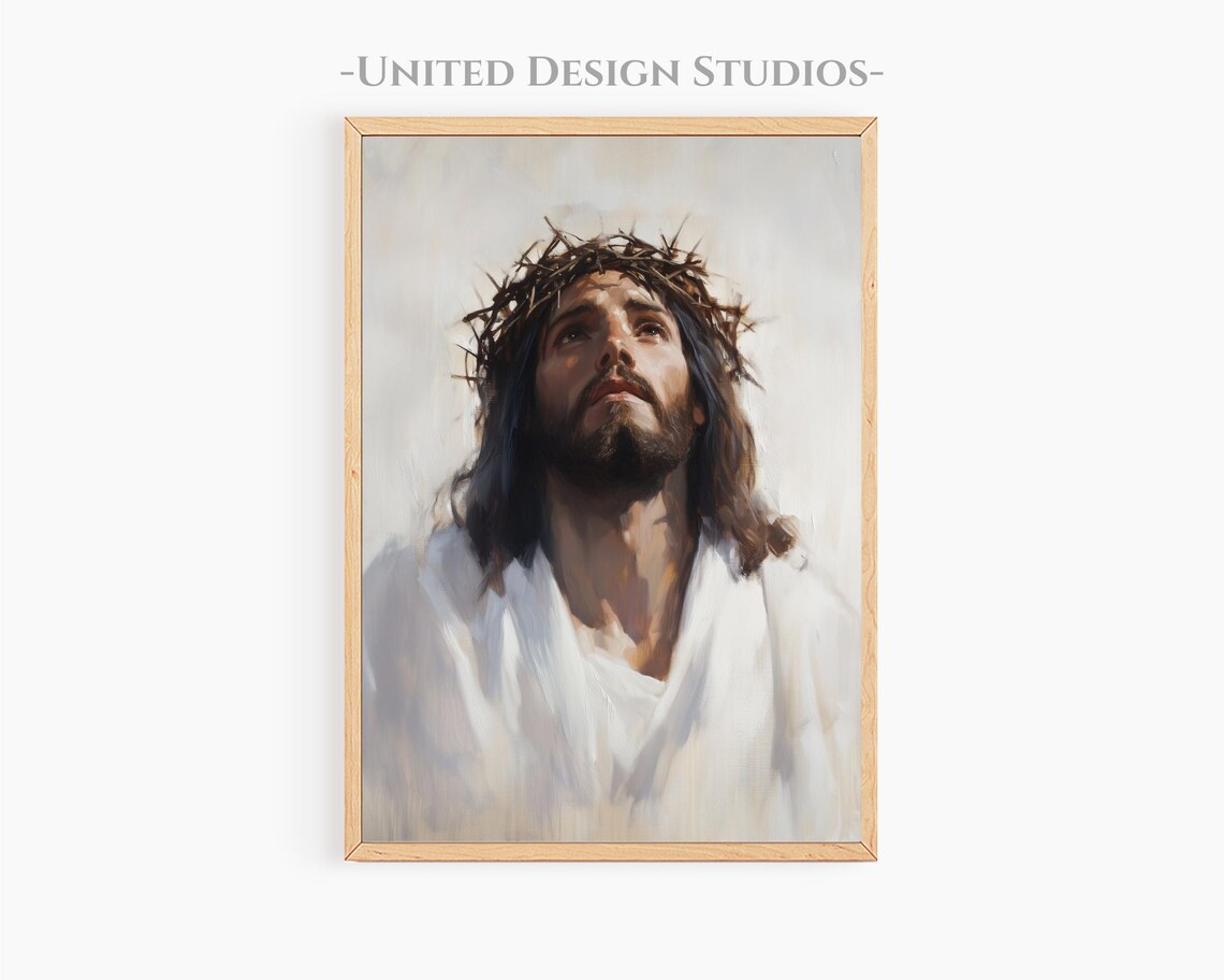 Jesus Crown Of Thorns Looking To Heaven Oil Painting Faithful Christ Poster