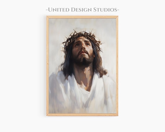 Jesus Crown Of Thorns Looking To Heaven Oil Painting Faithful Christ Poster