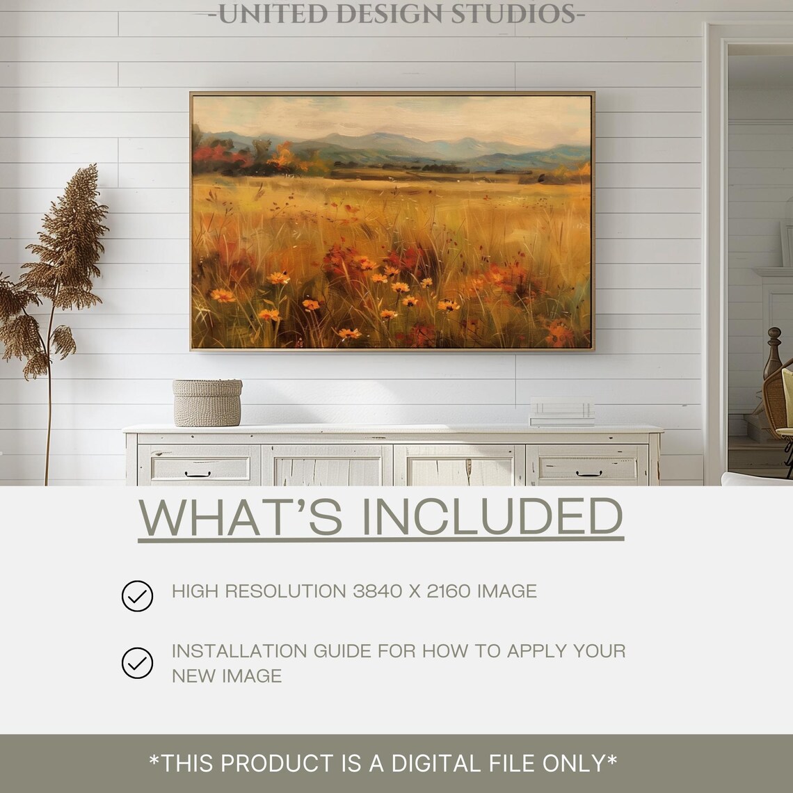 Golden Fall Wildflower Meadow Mountain View Oil Painting Poster - Image 2