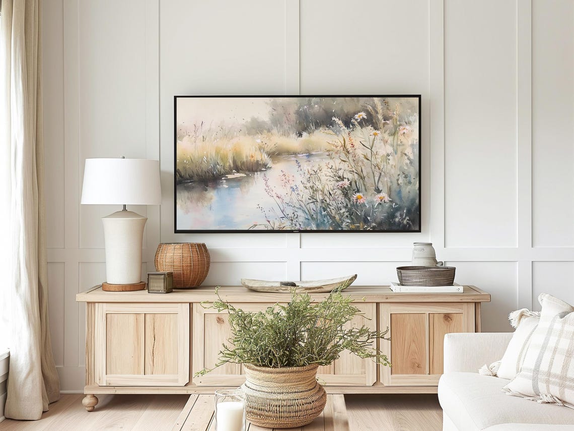 Wildflower River Summer Watercolor Meadow Landscape Wall Art - Image 5