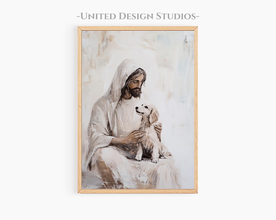 Jesus With White Puppy Neutral Oil Painting Christian Art Poster